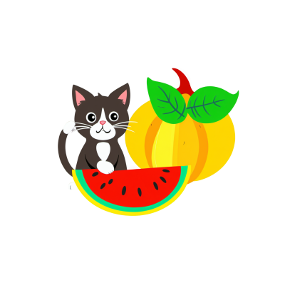 可爱夏天卡通猫和水果透明无缝图案