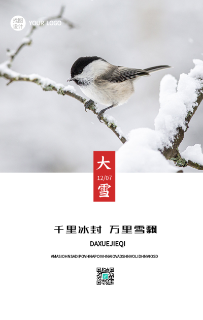 大雪节气枝头鸟雀雪景实景海报