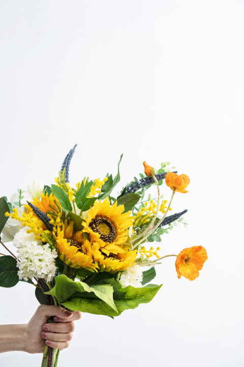 橙黄色虞美人和向日葵鲜花手持竖图版权图片下载
