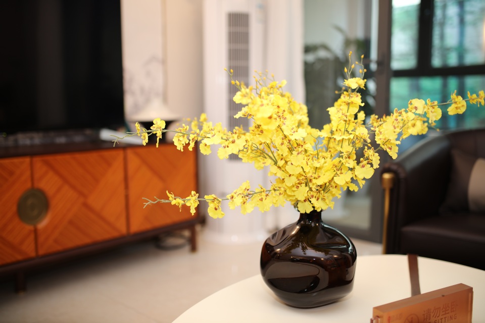 客厅迎春花盆景特写图