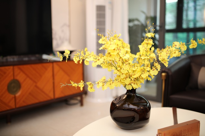 客厅迎春花盆景特写图