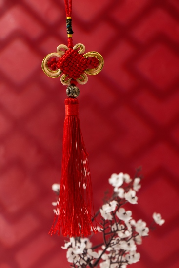梅花红色窗户背景中国结流苏图