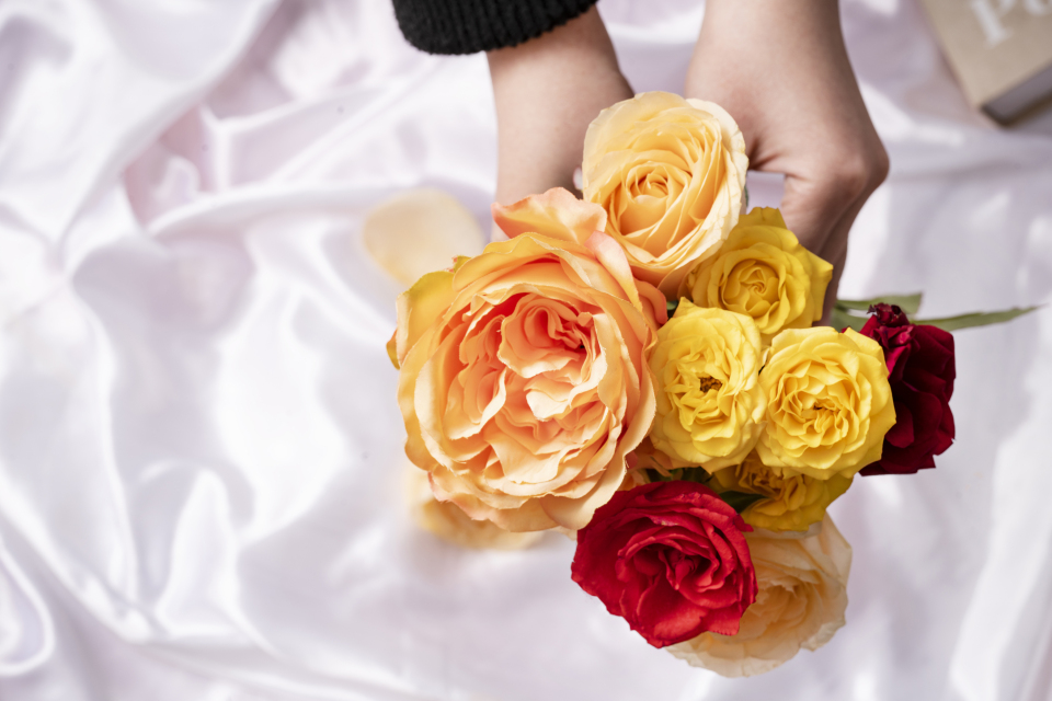 手拿一束鲜艳玫瑰花图片