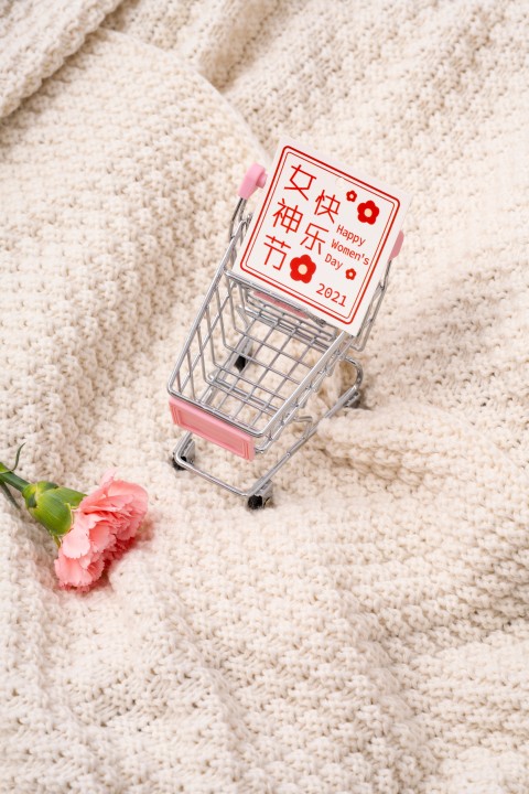米白色毛毯背景粉色购物车高清图版权图片下载