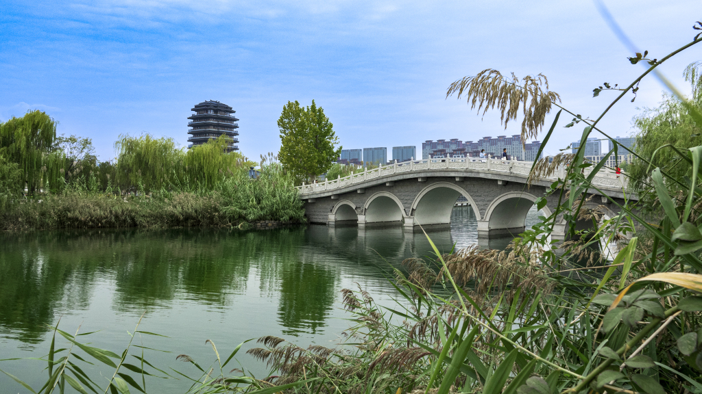 花园湖面拱桥阁楼实拍图版权图片下载