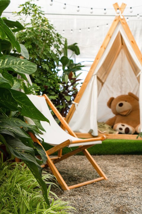 小熊玩偶木制简易帐篷实拍图版权图片下载