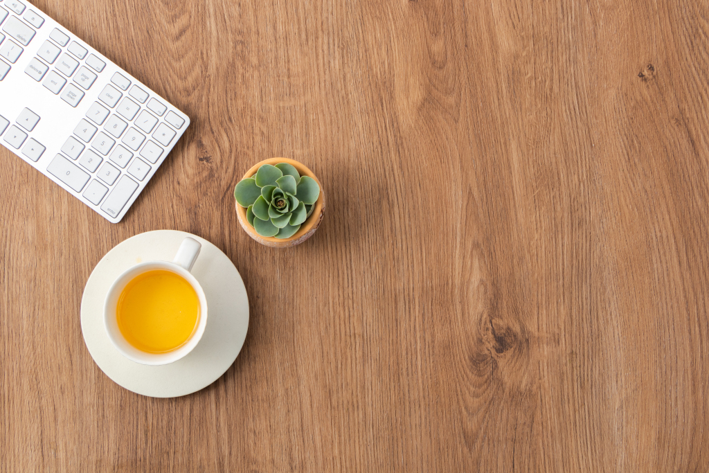 简约绿植茶具俯拍实拍图版权图片下载