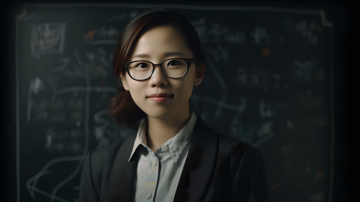 青春洋溢的华裔女教师站在黑板前版权图片下载