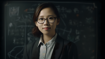 青春洋溢的华裔女教师站在黑板前