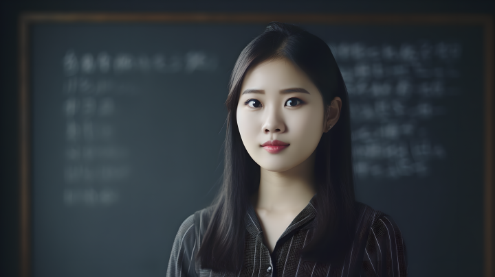 年轻女老师站在黑板前高清图版权图片下载
