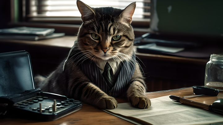缅因猫侦探：绅士风格领带写字楼摄影作品高清图版权图片下载
