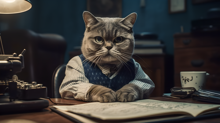 办公室内眼神犀利的侦探猫照片版权图片下载
