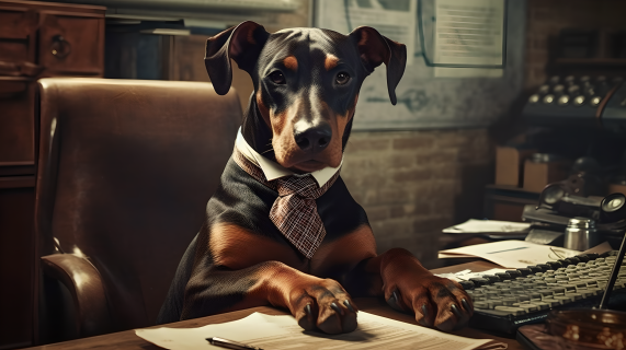 办公室内戴领带的德国狗侦探高清图