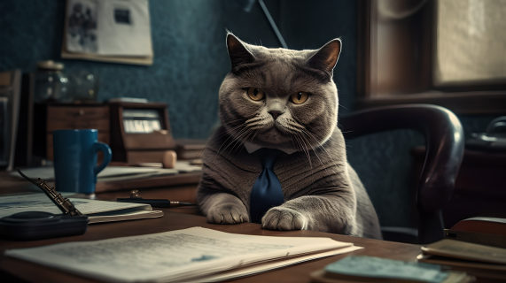 扎蓝色领带的蓝猫侦探摄影图