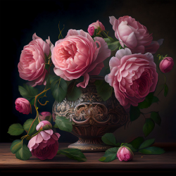 复古花盆粉色玫瑰花束摄影图片