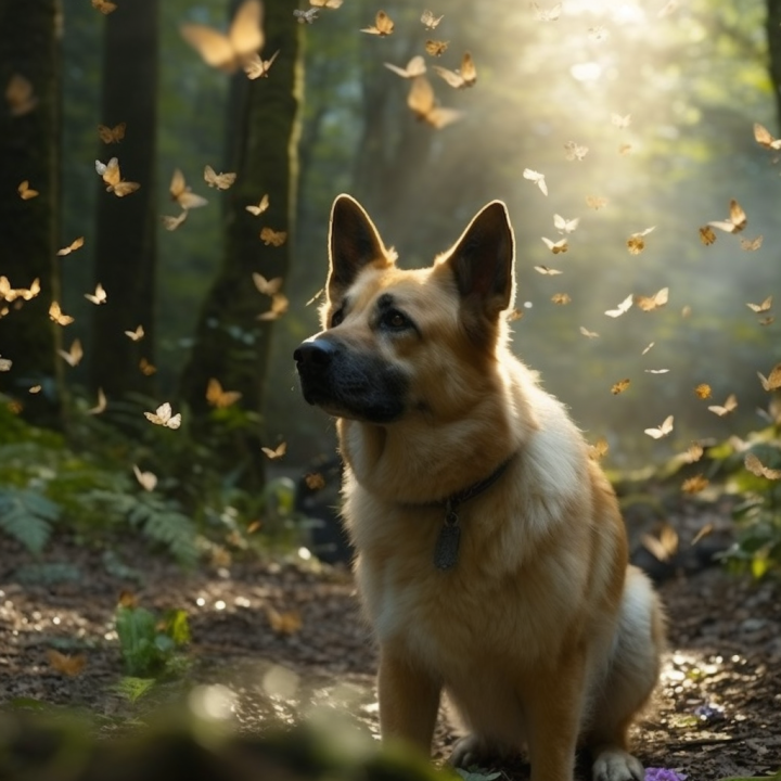 蝴蝶环绕森林中的狗狗高清图版权图片下载