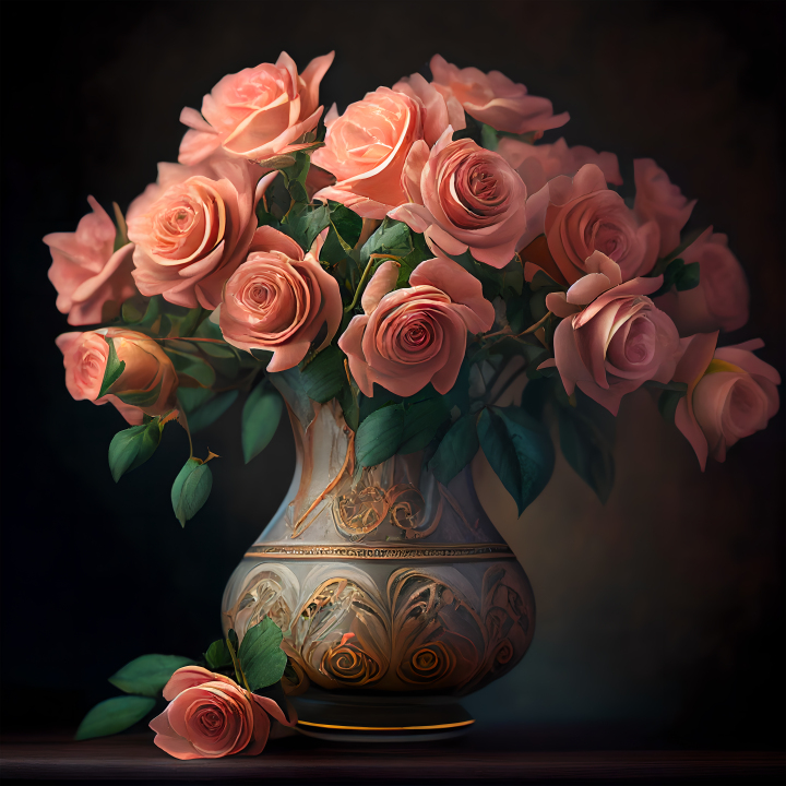 粉玫瑰花束复古油画风摄影图版权图片下载
