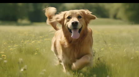 活泼金毛犬奔跑于草坪背景动态摄影图片