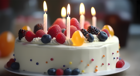 蜡烛蓝莓白色生日蛋糕摄影