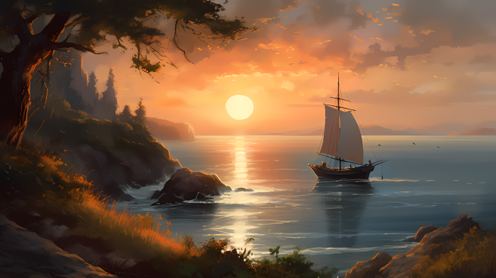 夕阳下海边帆船自然风光图版权图片下载