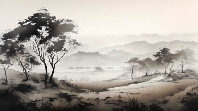 晨雾缭绕国风水墨风景图