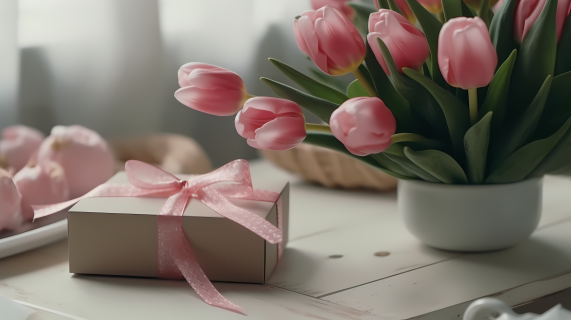 白桌上粉色郁金香和礼品盒摄影图片