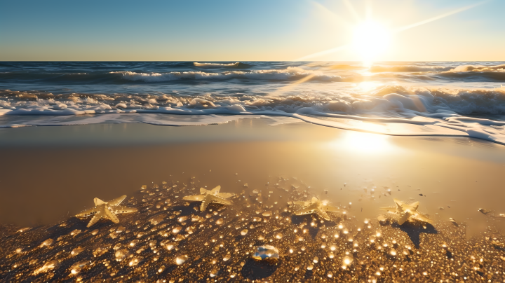 夕阳下布满海星的海滩摄影图版权图片下载