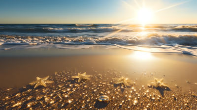 夕阳下布满海星的海滩摄影图