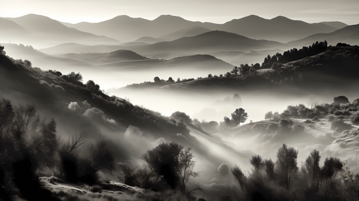 山雾缭绕的水墨画摄影版权图片下载
