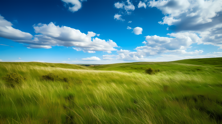 被风吹过的草原蓝天白云摄影版权图片下载