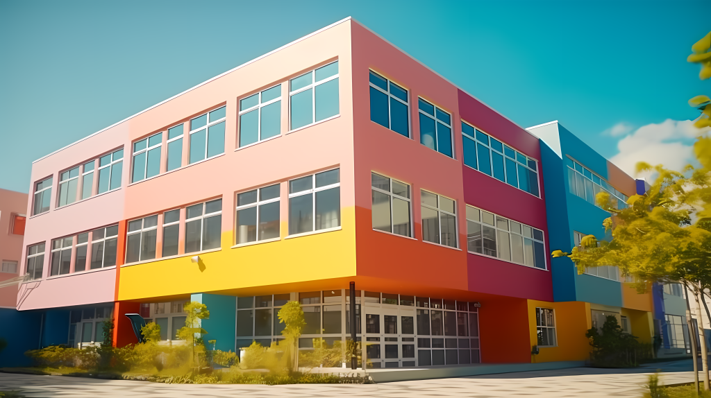 校园高楼与操场建筑摄影图版权图片下载