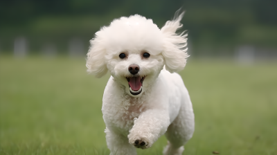 贵宾犬在草坪上微笑奔跑摄影图