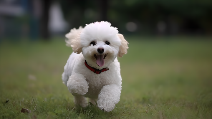 微笑贵宾犬奔跑于草坪上版权图片下载