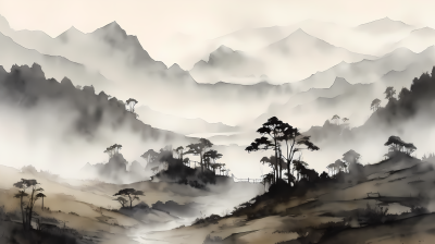 晨间雾景水墨自然风景图