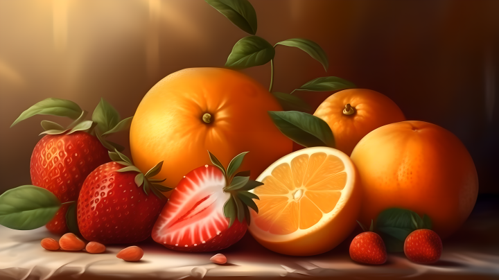 草莓橙子与暖阳水果摄影图版权图片下载