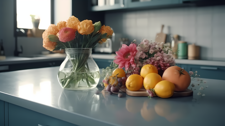 明亮清新装修的厨房摆放花瓶水果版权图片下载