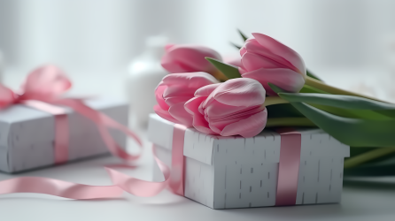 白桌粉色郁金香礼盒摄影图片