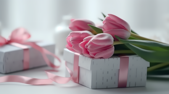白桌粉色郁金香礼盒摄影图片