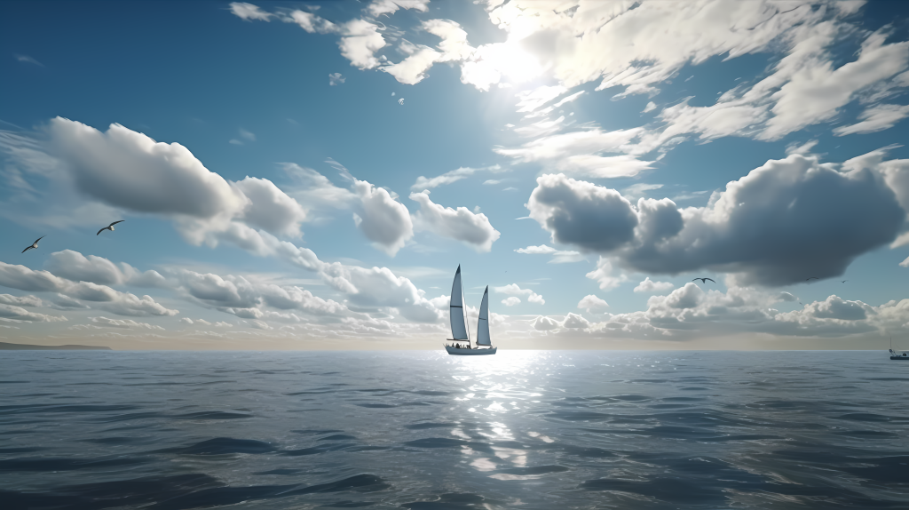 蓝天白云海鸥帆船摄影