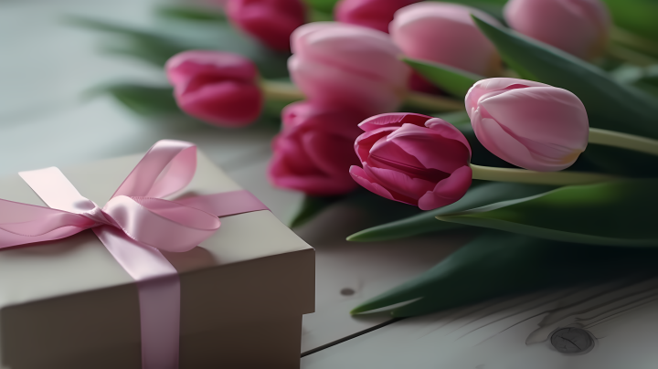粉色郁金香白色桌面礼物盒子摄影版权图片下载