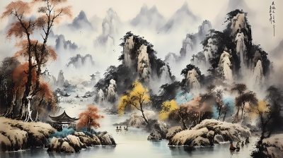 中国风山水彩墨画摄影