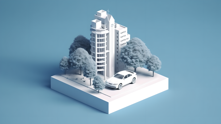 数字建筑树车3D摄影版权图片下载
