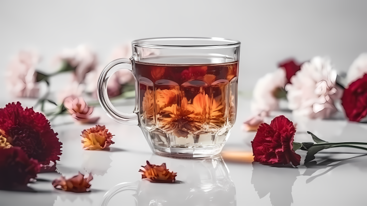 素白台面上的康乃馨花与茶杯版权图片下载