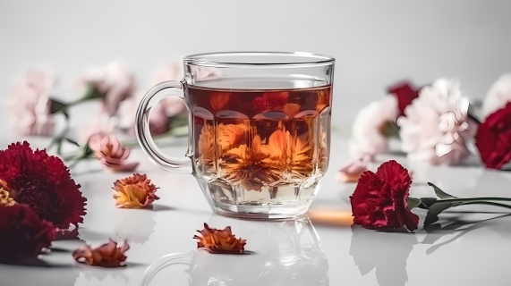 素白台面上的康乃馨花与茶杯