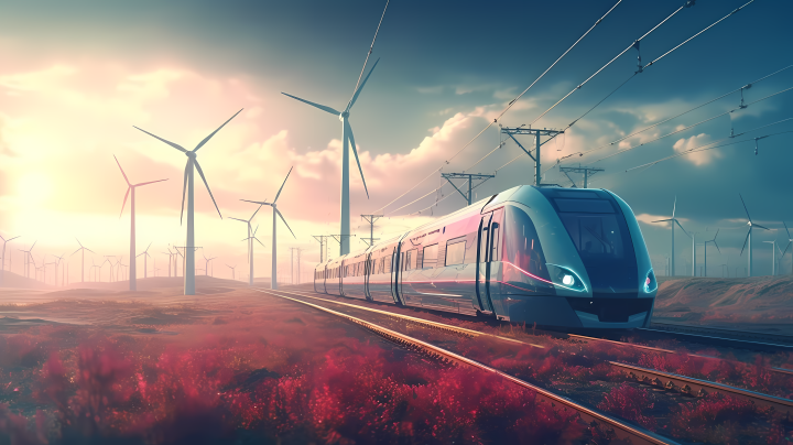 列车旁风力涡轮和城市天际线的美丽景象版权图片下载