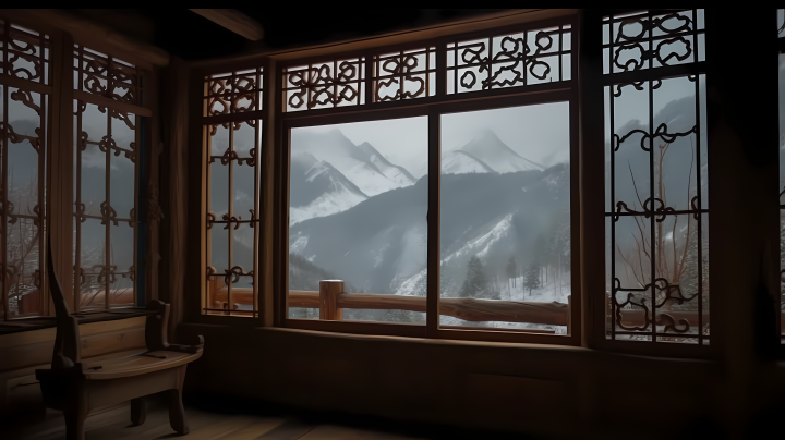 中国风雪山下窗景高清图版权图片下载