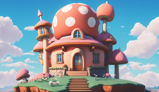 动漫风粉色蘑菇城堡摄影图