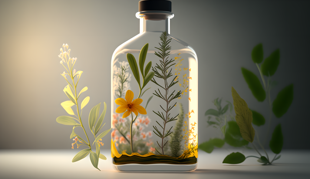 绿植旁边精油瓶中的小花小草高清图