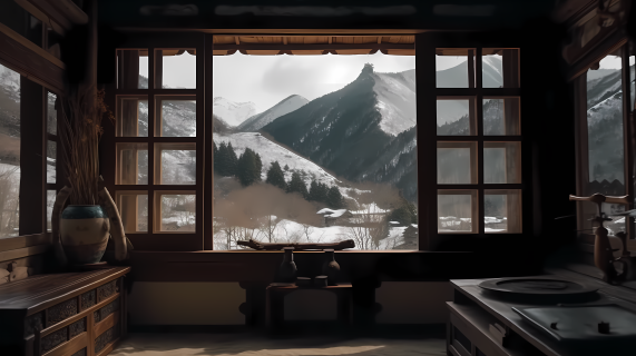 中式窗景雪山与古屋高清图