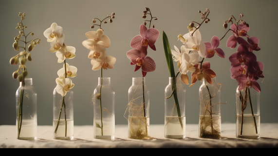 七只兰花透明玻璃瓶高清图